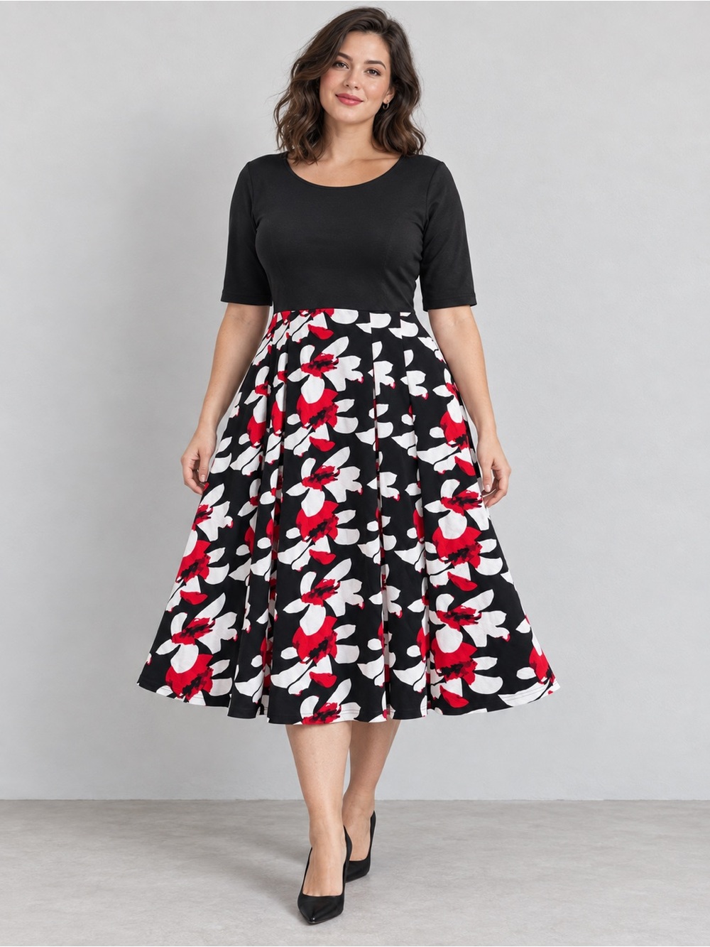 Black Scoop Neck Midi Dress with Red & White Floral Skirt